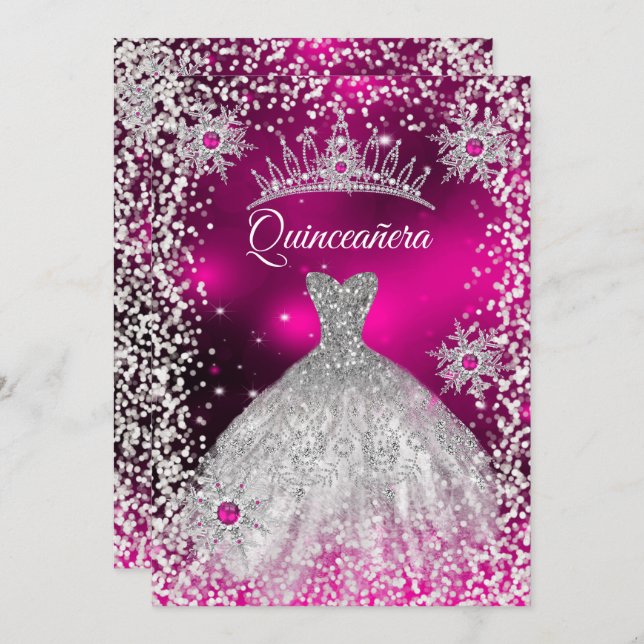 Quinceanera Tiara Dress Pink winter Snowflake Invitation (Front/Back)