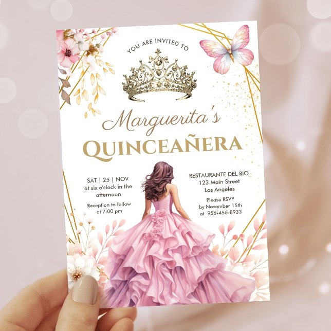 Quinceañera Tiara Girl Pink Floral Butterfly  Invitation (Creator Uploaded)