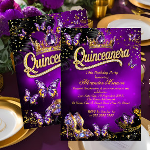 Quinceanera Tiara Gold Purple Butterflies 15th Invitation