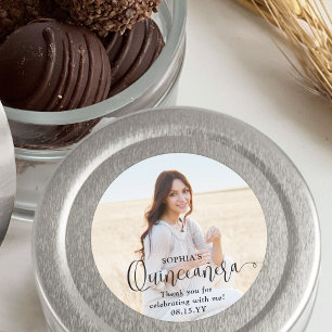 Quinceañera Trendy Black Script & Photo Thank You Classic Round Sticker