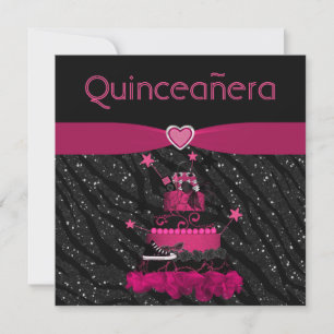 Quinceanera Trendy Pink Cake & Zebra Stripes Invitation