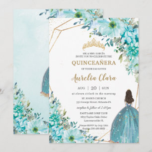 Quinceañera Turquoise Blue Floral Gold Princess  Invitation