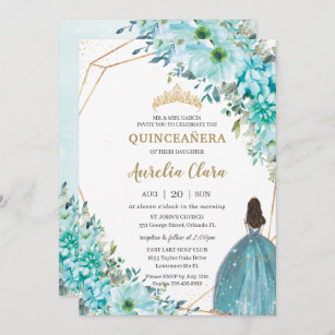 Quinceañera Turquoise Blue Floral Gold Princess  Invitation