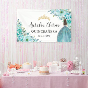 Quinceañera Turquoise Blue Floral Princess Welcome Banner