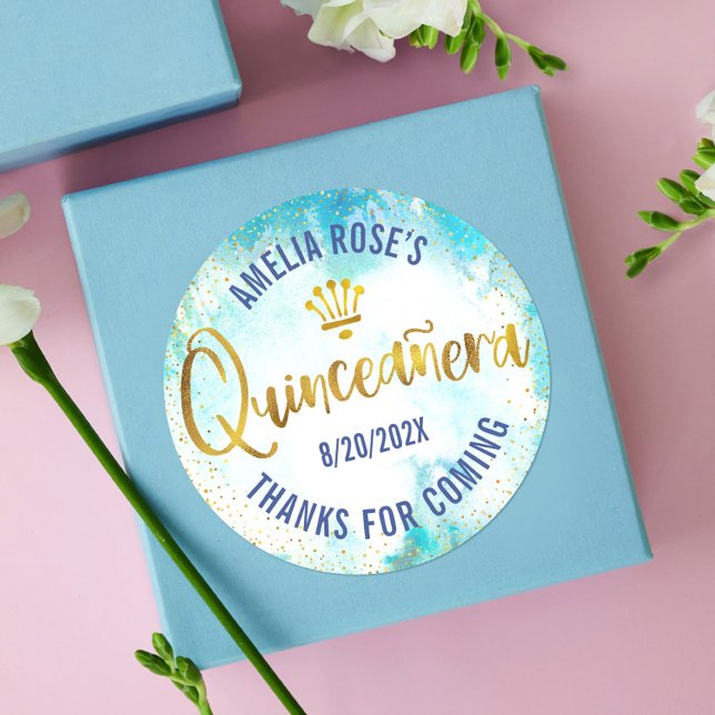 Quinceañera Turquoise Blue Gold Foil Watercolor Classic Round Sticker (Creator Uploaded)