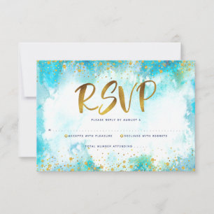 Quinceañera Turquoise Blue Gold Foil Watercolor RSVP Card