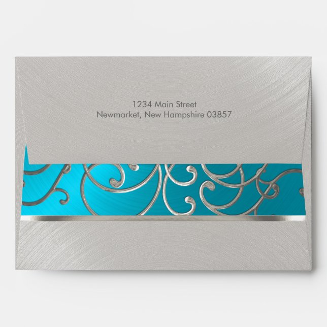 Quinceanera Turquoise Blue Silver Filigree Swirls Envelope (Back (Top Flap))