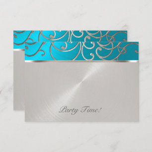 Quinceanera Turquoise Blue Silver Filigree Swirls Invitation