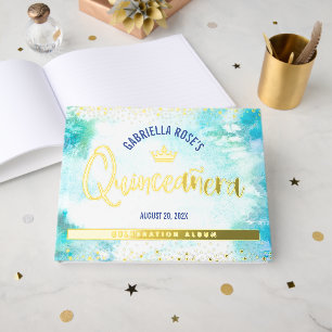 Quinceañera Turquoise Crown Script Real Gold Foil Guest Book