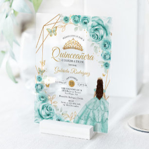 Quinceanera Turquoise Dress Floral Gold Acrylic Invitations