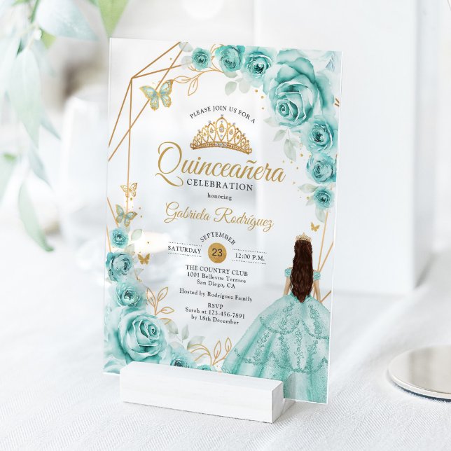 Quinceanera Turquoise Dress Floral Gold Acrylic Invitations (Creator Uploaded)
