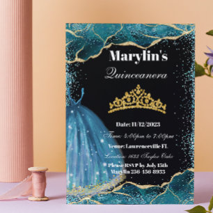 Quinceañera Turquoise Glitter Ballgown Birthday Invitation