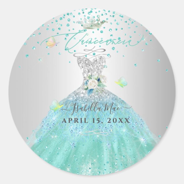 Quinceanera Turquoise Glitter Gown Classic Round Sticker (Front)