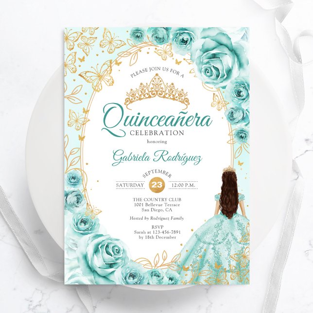 Quinceanera Turquoise Gold Floral Invitation (Creator Uploaded)