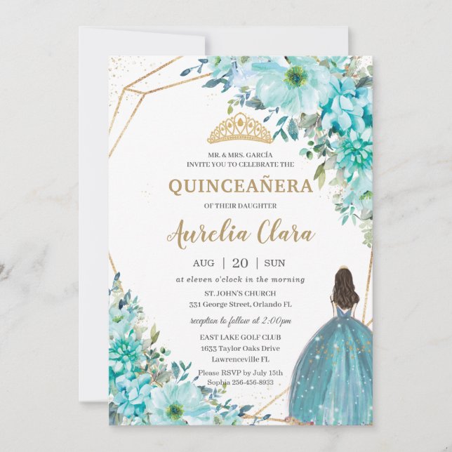 Quinceañera Turquoise Green Floral Gold Princess   Invitation (Front)