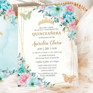 Quinceañera Turquoise Pink Floral Gold Butterflies Invitation