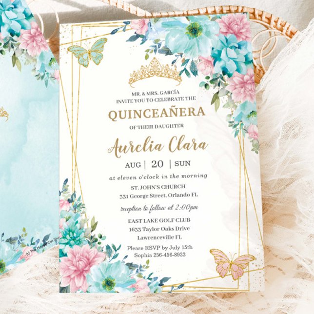 Quinceañera Turquoise Pink Floral Gold Butterflies Invitation (Creator Uploaded)