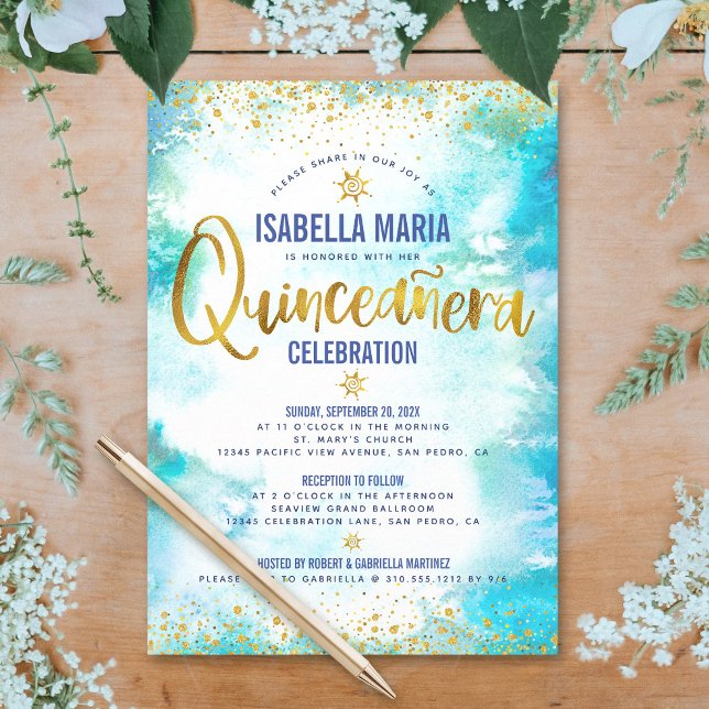 Quinceañera Turquoise Watercolor Gold Foil Elegant Invitation (Creator Uploaded)