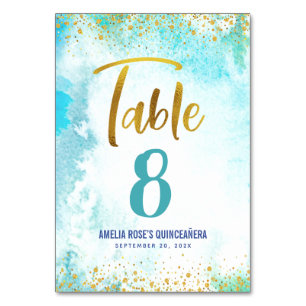 Quinceañera Turquoise Watercolor Gold Script Girly Table Number