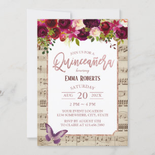 Quinceanera Vintage Burgundy Floral Music Birthday Invitation
