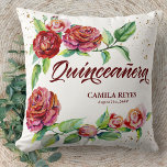 Quinceanera Vintage Red Roses Personalised Cushion<br><div class="desc">Quinceañera pillow is a beautiful keepsake gift to celebrate the 15th Birthday of a special young woman. This elegant Quinceanera pillow has dark red and pink toned vintage rose flowers on a white background. This watercolor floral design features delicate rosebuds blooming into beautiful roses with a splash of gold confetti...</div>