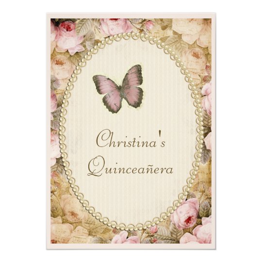 Quinceañera Vintage Roses Butterfly & Music Notes Card