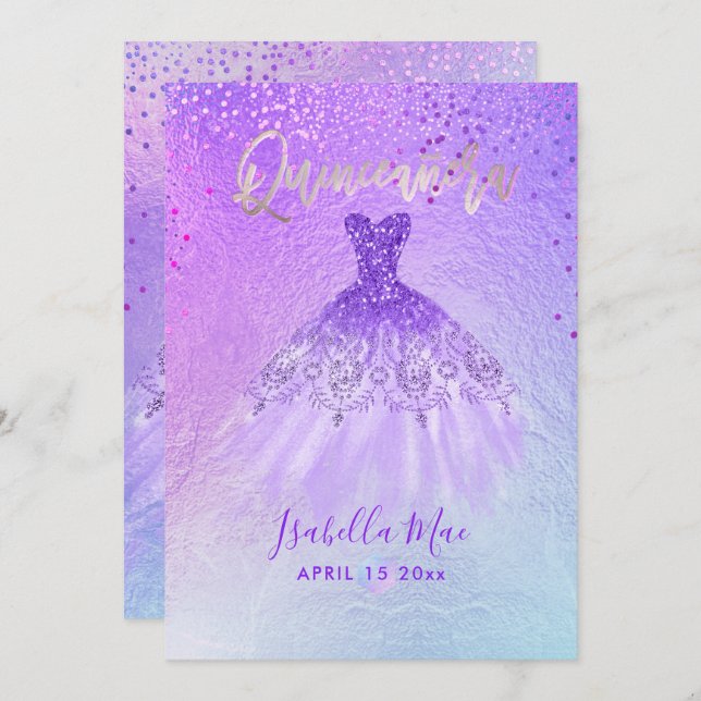 Quinceanera Violet+Blue Gown+Confetti Invitation (Front/Back)