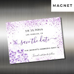 Quinceanera violet dress save the date magnet<br><div class="desc">A girly and trendy Save the Date magnetic card for a Quinceañera, 15th birthday party. A stylish white background decorated with violet, lavender coloured faux glitter dust and a dress. Personalise and add a date and name/age. Black and violet coloured letters. The text: Save the Date is written with a...</div>