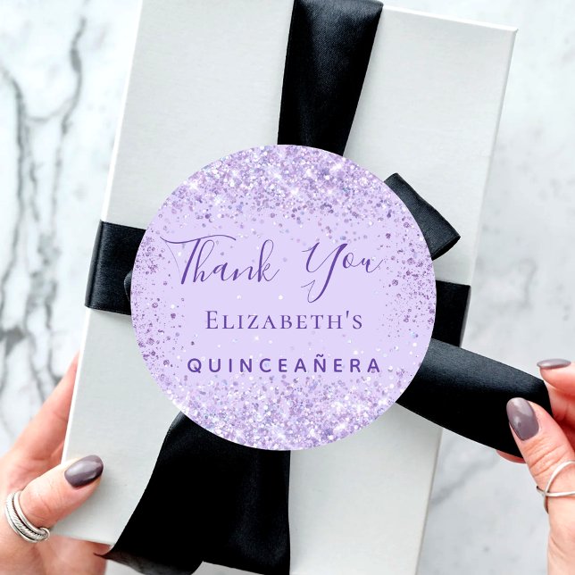 Quinceanera violet glitter name thank you classic round sticker (Creator Uploaded)