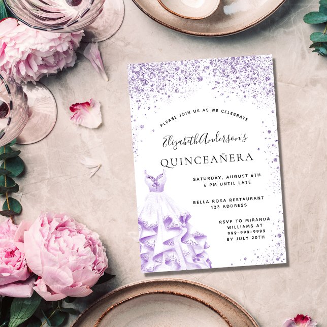 Quinceanera violet white dress glitter invitation postcard (Creator Uploaded)