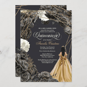 Quinceañera w Black Roses, Gold Gown, & Glitter Invitation