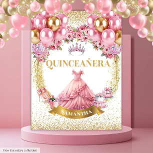 Quinceañera Wall Tapestry Pink Dress Gold Tiara