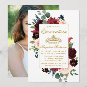 Quinceanera Watercolor Burgundy Pink Floral Photo Invitation