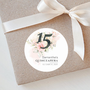 Quinceanera Watercolor Floral 15th Birthday Pink Classic Round Sticker