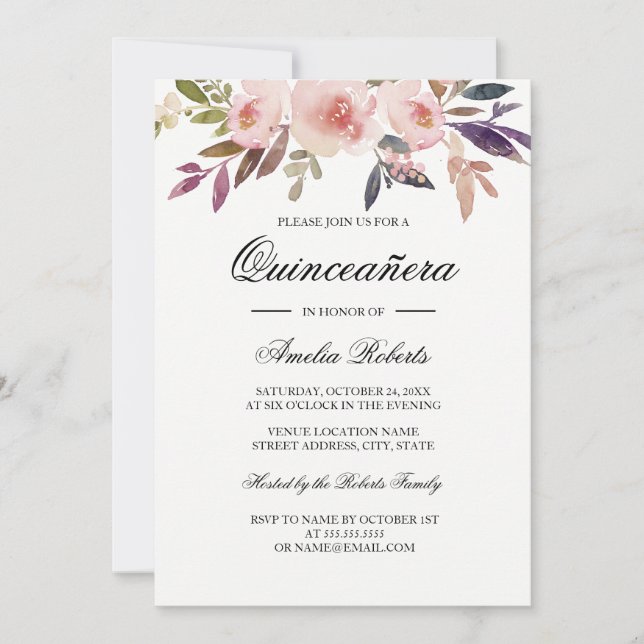 Quinceanera Watercolor Floral Pink Navy Purple Invitation (Front)