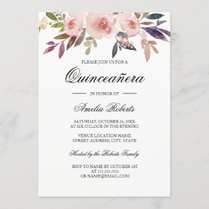 Quinceanera Watercolor Floral Pink Navy Purple Invitation