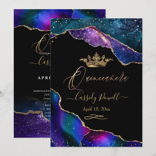 Quinceanera, Watercolor Galaxy Agate Faux Gold Inv Invitation (Front/Back)