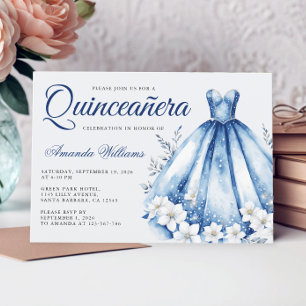 Quinceanera Watercolor Navy Blue Gown Invitation