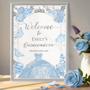 Quinceanera Welcome Sign Dusty Blue Dress Floral