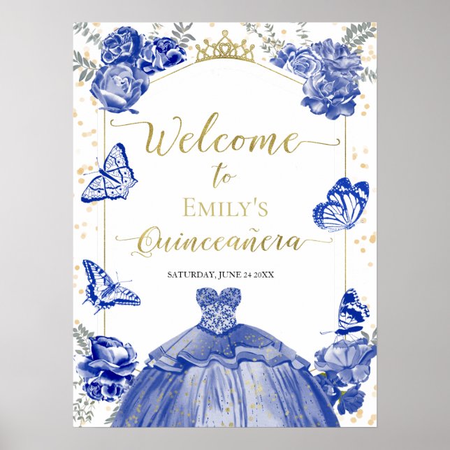 Quinceanera Welcome Sign Royal Blue Dress Floral (Front)