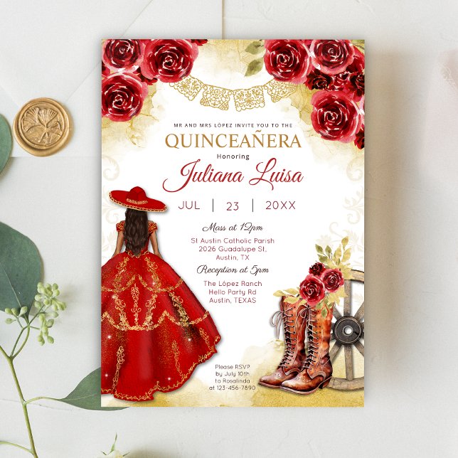 Quinceañera Western Red Gold Charra Floral Boots Invitation (Creator Uploaded)