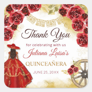 Quinceañera Western Red Gold Charra Floral Boots Square Sticker
