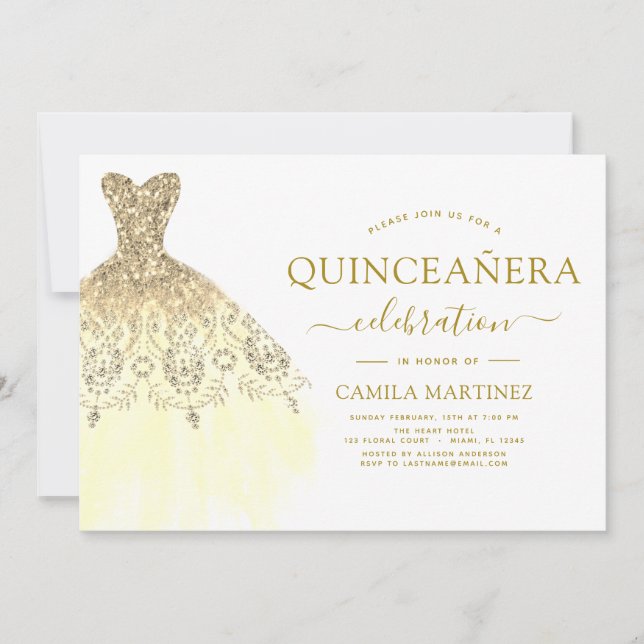 Quinceanera White and Gold Glitter Sparkle Invitation (Front)