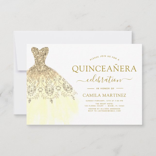 Quinceanera White and Gold Glitter Sparkle Invitation (Front)