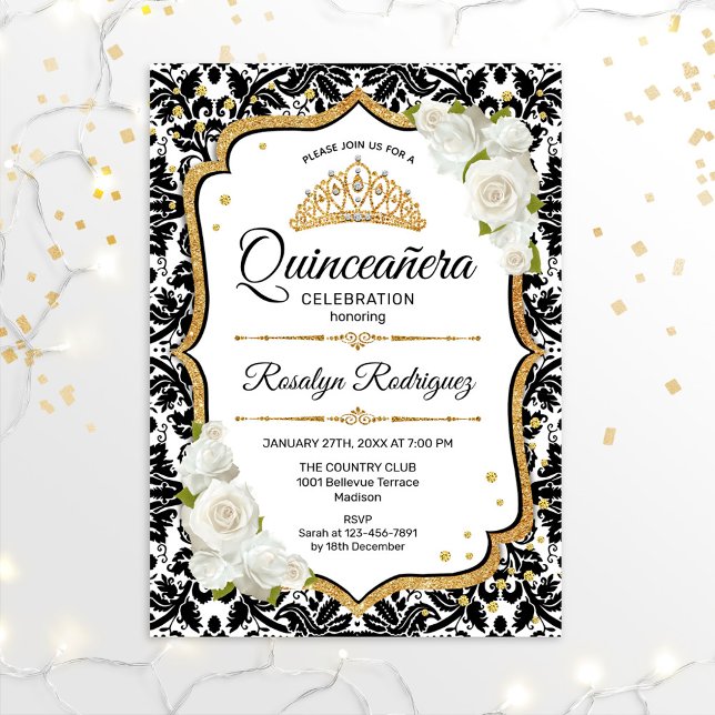 Quinceanera - White Black Damask Gold Invitation (Creator Uploaded)
