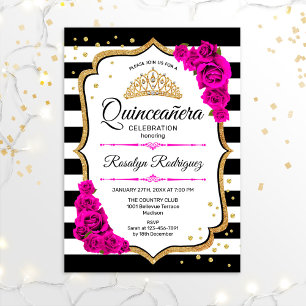 Quinceanera - White Black Pink Gold Invitation