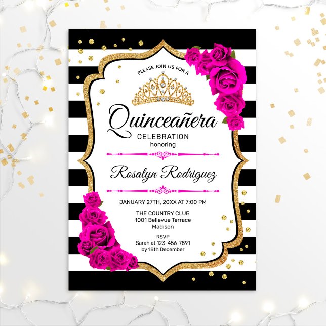Quinceanera - White Black Pink Gold Invitation (Creator Uploaded)