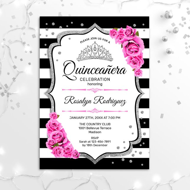 Quinceanera - White Black Pink Invitation (Creator Uploaded)