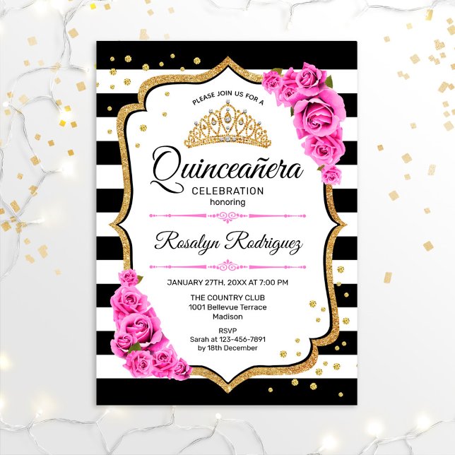 Quinceanera - White Black Pink Invitation (Creator Uploaded)