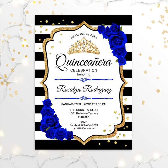 Quinceanera - White Black Royal Blue Gold Invitation (Creator Uploaded)
